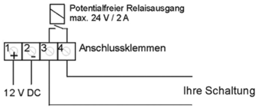 Anschlussplan Infrabell 2025 N mit 12-V-Gleichspannungsversorgung und potentialfreiem Relaiskontakt