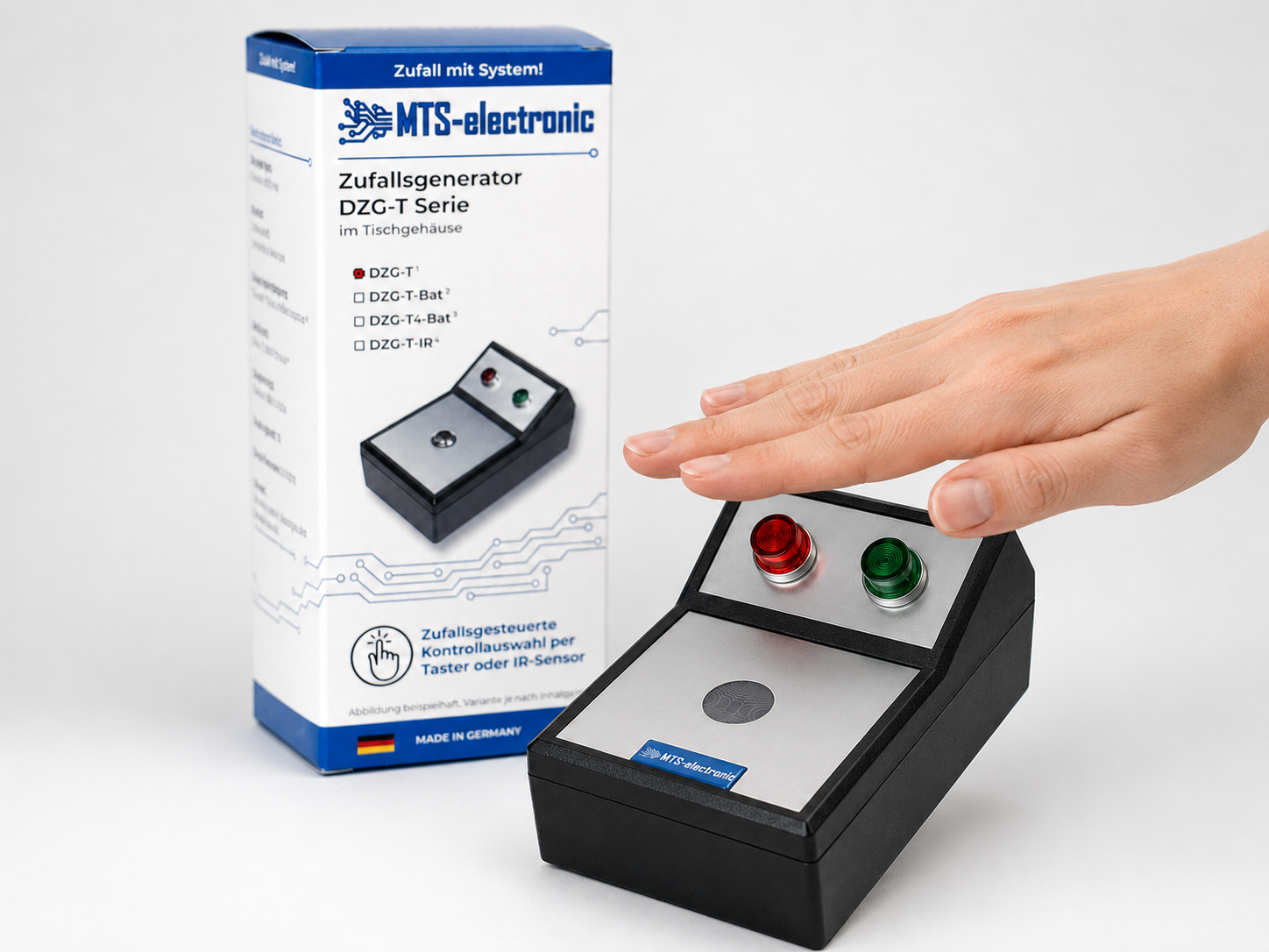 Kontaktloser Zufallsgenerator DZG-T-IR im Tischgehäuse mit Produktverpackung